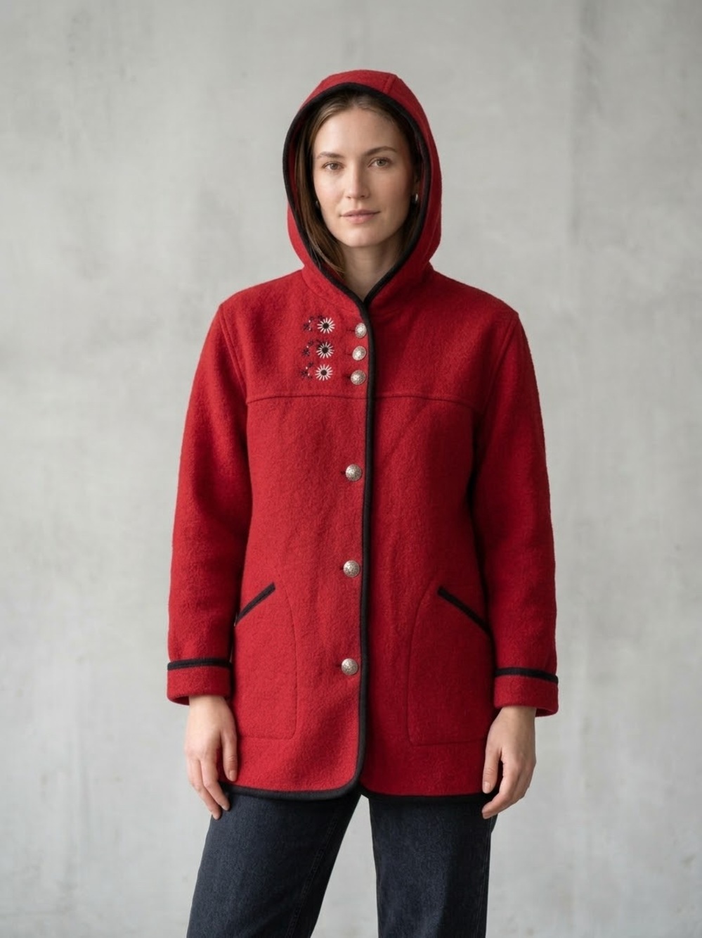 🏔️ Vintage LL Bean Made in Austria 100% Pure Wool Red Hooded Tyrolean Coat M